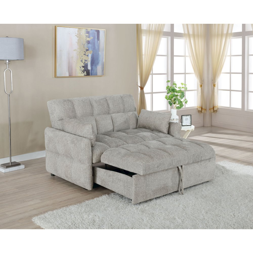 Light grey Cotswold Upholstered Convertible Sleeper Sofa Bed by Start2Finish, showing its plush fabric and convertible design.