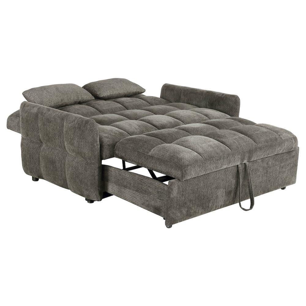 Dark grey Cotswold upholstered convertible sleeper sofa bed by Start2Finish, showing the sofa in both seated and bed configurations.