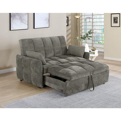 Dark grey Cotswold upholstered convertible sleeper sofa bed by Start2Finish, shown in its sofa and bed configurations.