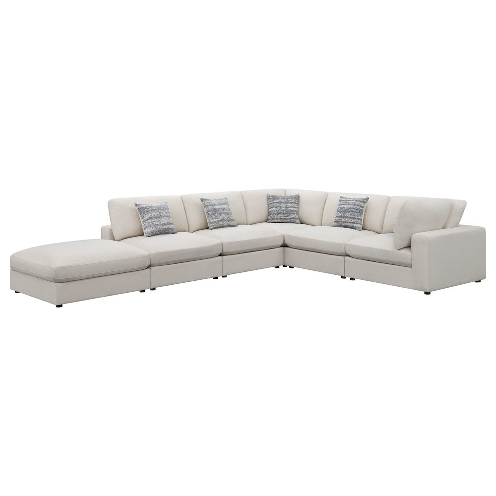 Beige upholstered Serene 6-piece modular sectional sofa from Start2Finish, showing plush cushions and modern furniture design.
