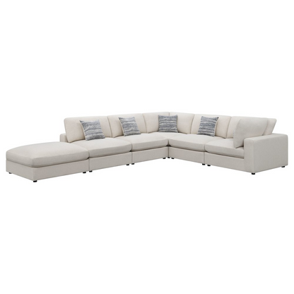 Beige upholstered Serene 6-piece modular sectional sofa from Start2Finish, showing plush cushions and modern furniture design.