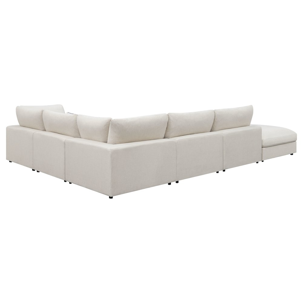 Beige upholstered modular sectional sofa with six pieces, stylish furniture by Start2Finish, arranged for a modern living room.