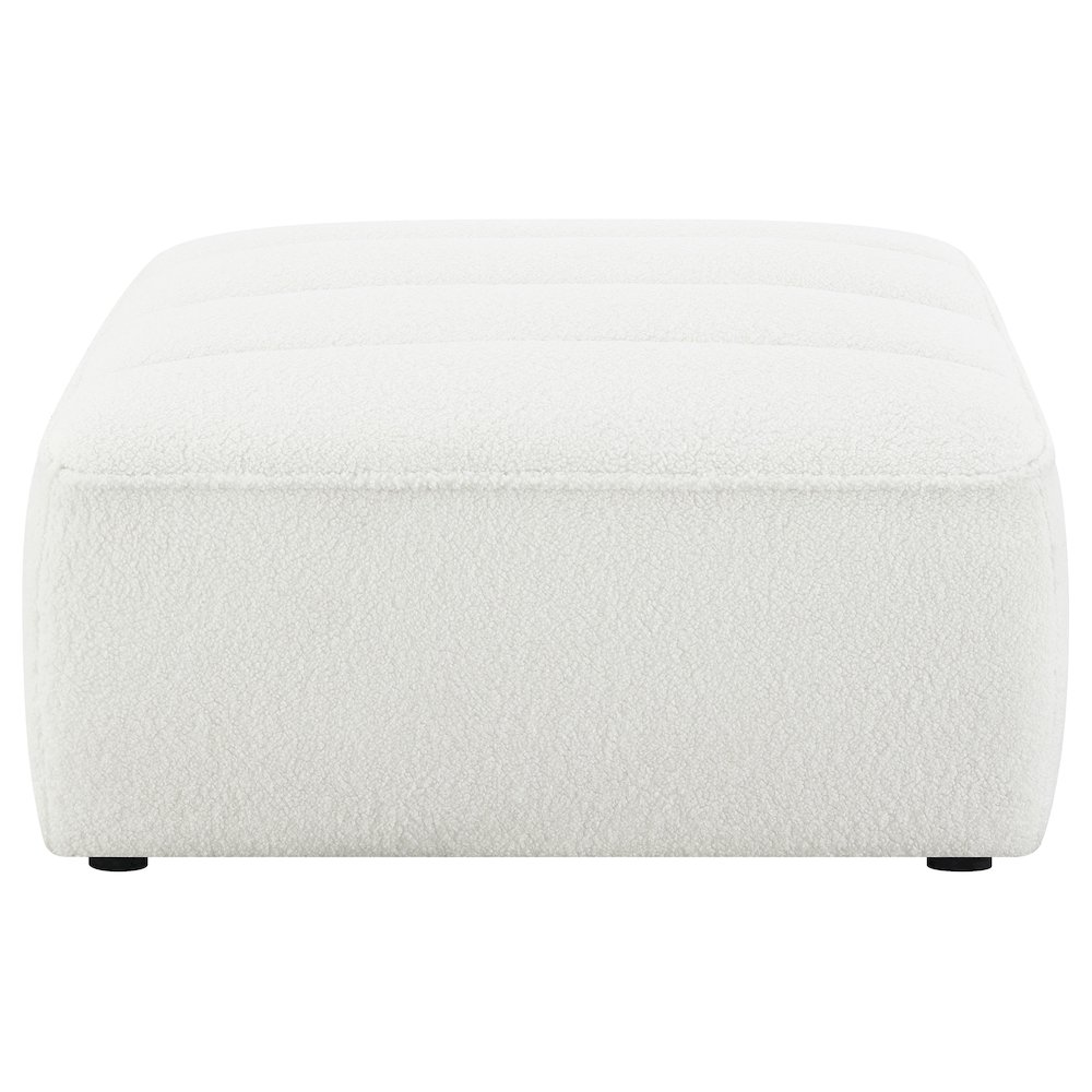 Start2Finish Sunny Square Upholstered Ottoman in natural fabric, showcasing cushioned top and sturdy wooden legs.
