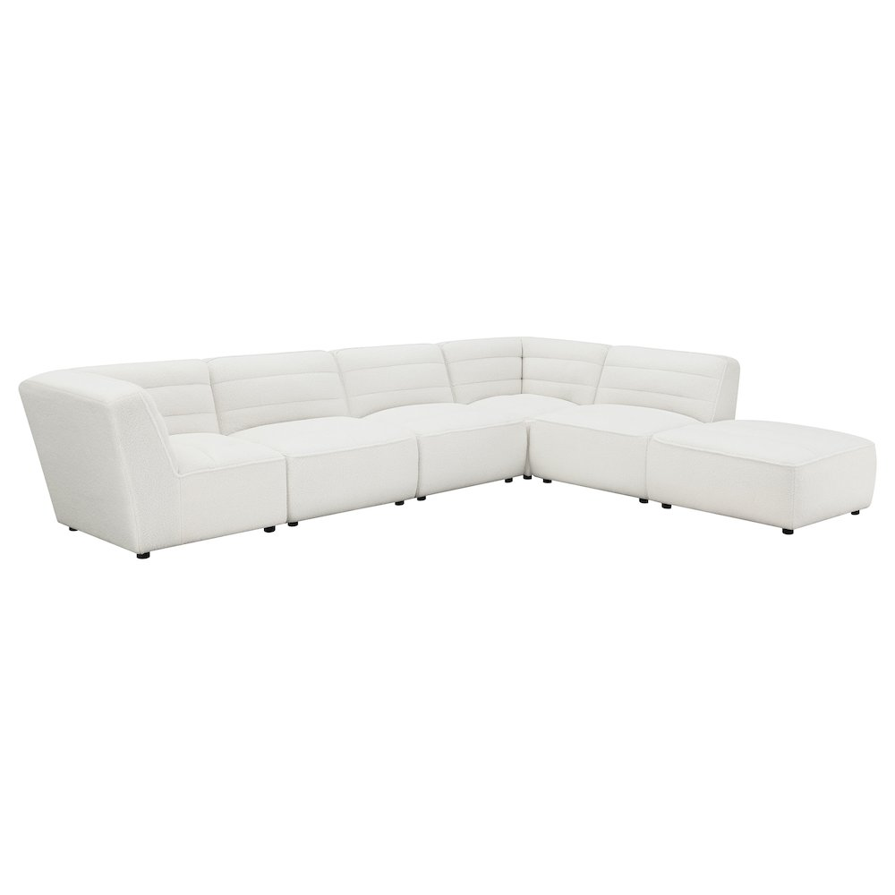 Sunny Square upholstered ottoman in natural fabric with cushioned top and wooden legs, perfect for living room decor.