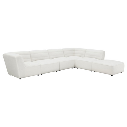 Sunny Square upholstered ottoman in natural fabric with cushioned top and wooden legs, perfect for living room decor.