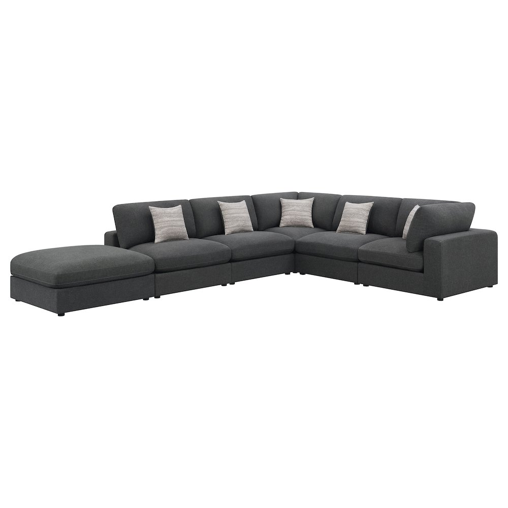 Charcoal upholstered Serene 6-piece modular sectional sofa from Start2Finish, showing plush cushions and modern design in a living room setting.