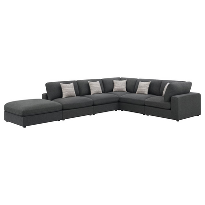Charcoal upholstered Serene 6-piece modular sectional sofa from Start2Finish, showing plush cushions and modern design in a living room setting.