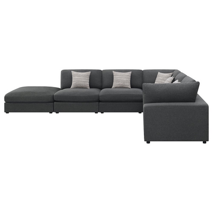 Charcoal upholstered 6-piece modular sectional sofa by Start2Finish, shown with plush cushions and modern design in a living room setting.