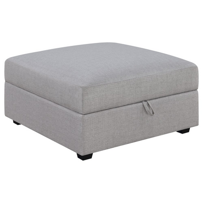 Grey Cambria Square Upholstered Storage Ottoman by Start2Finish with cushioned top and internal storage space.