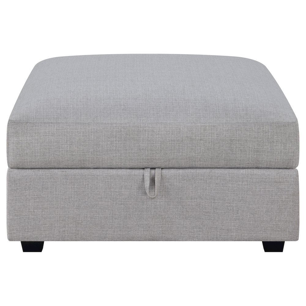 Grey Cambria Square Upholstered Storage Ottoman by Start2Finish, showcasing padded fabric, storage space, and sturdy legs.
