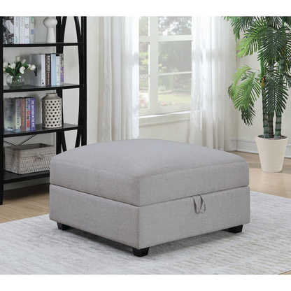 Grey Cambria Square Upholstered Storage Ottoman by Start2Finish, showing the cushioned top and concealed storage space.