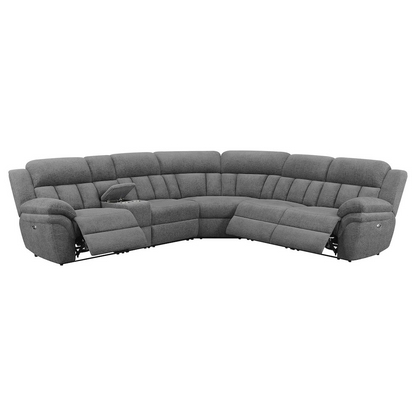 Bahrain 6-piece modular power reclining sectional sofa in charcoal fabric, featuring adjustable sections and plush cushions.