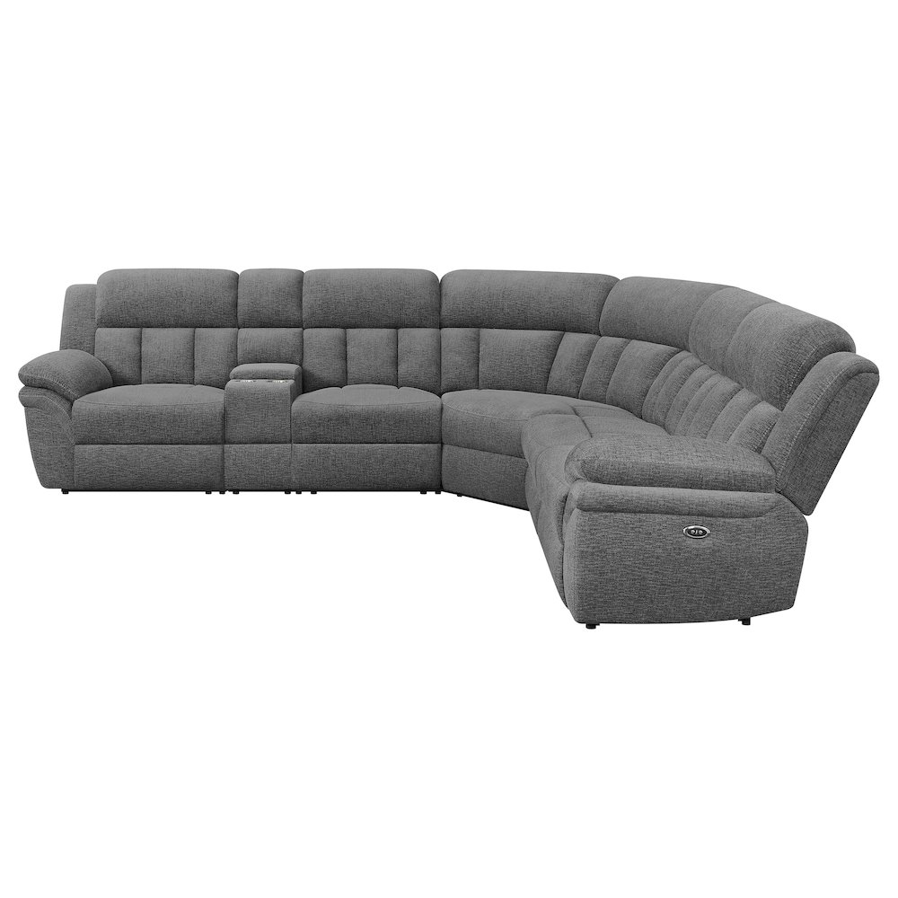 Bahrain 6-piece modular power reclining sectional sofa in charcoal fabric, featuring plush cushions and modern design.