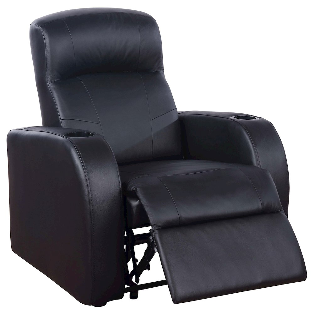 Black Cyrus upholstered track arm recliner from Start2Finish showing plush fabric and modern design with cushioned armrests.