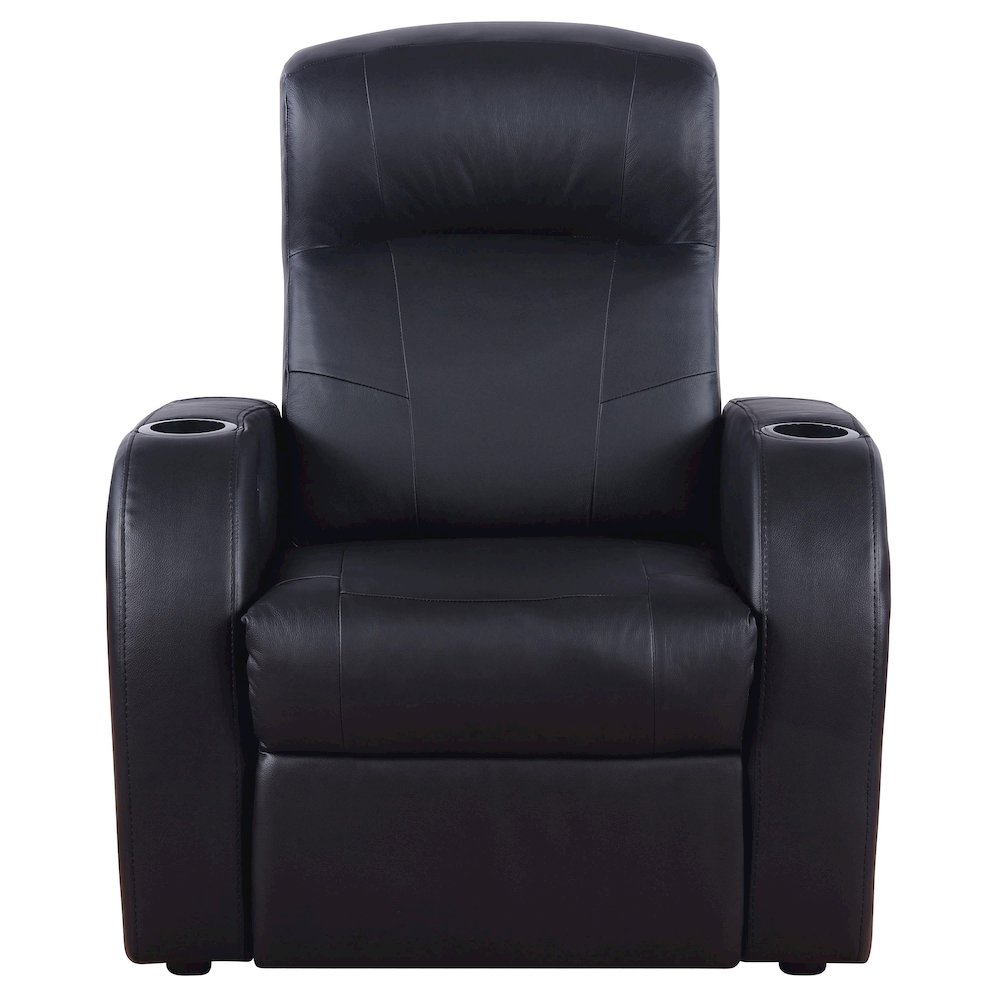 Black Cyrus upholstered track arm recliner by Start2Finish showing a plush fabric, padded armrests, and a reclining mechanism.