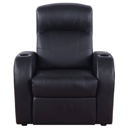 Black Cyrus upholstered track arm recliner by Start2Finish showing a plush fabric, padded armrests, and a reclining mechanism.