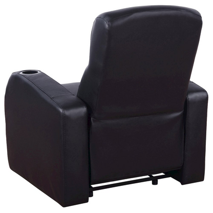 Black Cyrus upholstered track arm recliner by Start2Finish, showcasing plush fabric, sleek design, and comfortable reclining features.