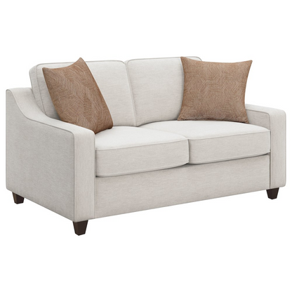 Beige Christine upholstered sloped arm loveseat by Start2Finish, featuring plush fabric and modern design for comfortable seating.