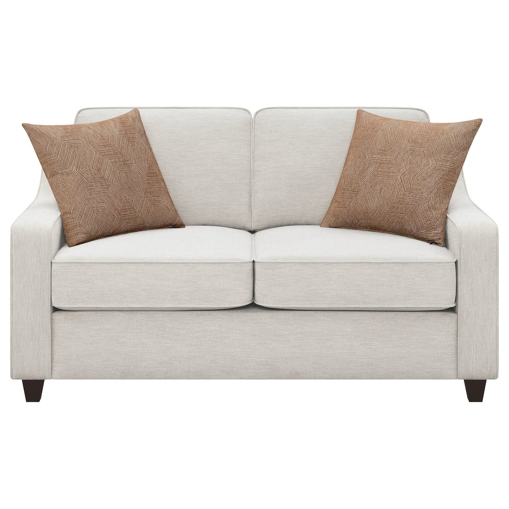 Beige Christine upholstered loveseat with sloped arms, stylish furniture piece by Start2Finish, showcasing comfortable seating.