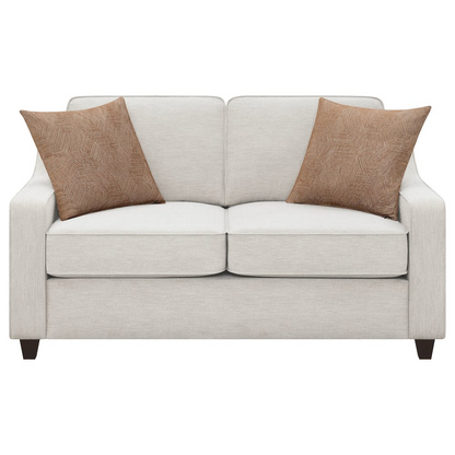 Beige Christine upholstered loveseat with sloped arms, stylish furniture piece by Start2Finish, showcasing comfortable seating.