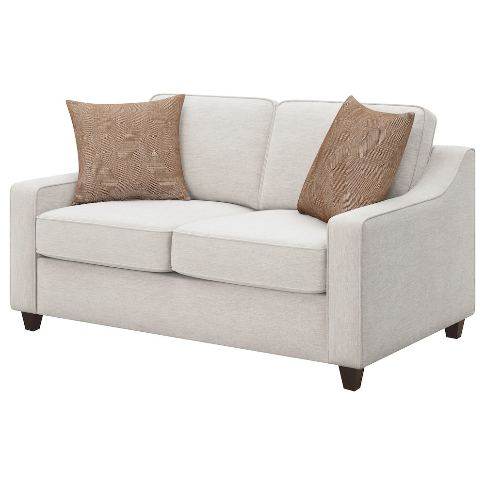 Beige Christine upholstered sloped arm loveseat by Start2Finish showing plush fabric and modern design in a cozy living room setting.
