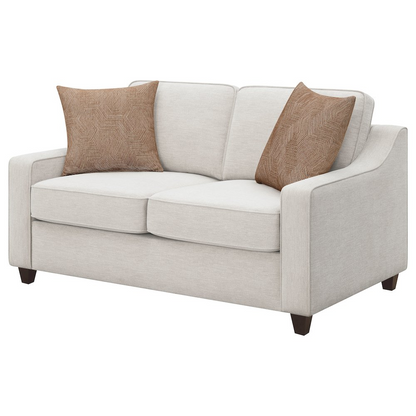 Beige Christine upholstered sloped arm loveseat by Start2Finish showing plush fabric and modern design in a cozy living room setting.