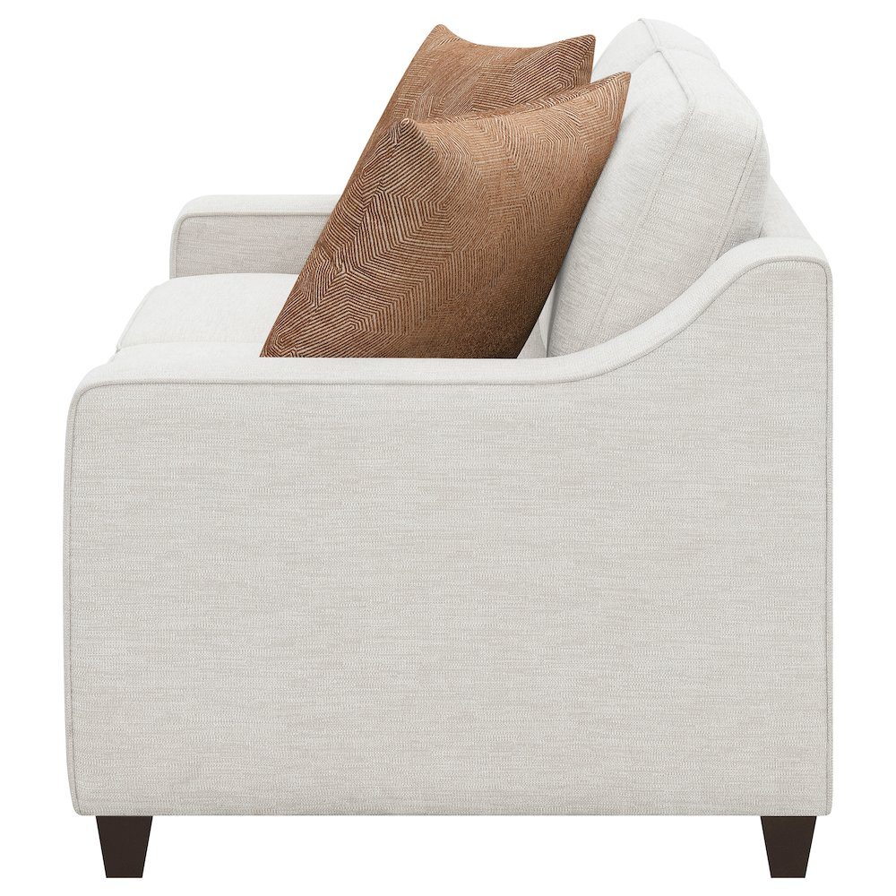 Beige Christine upholstered loveseat with sloped arms, stylish furniture piece by Start2Finish shown in the image.