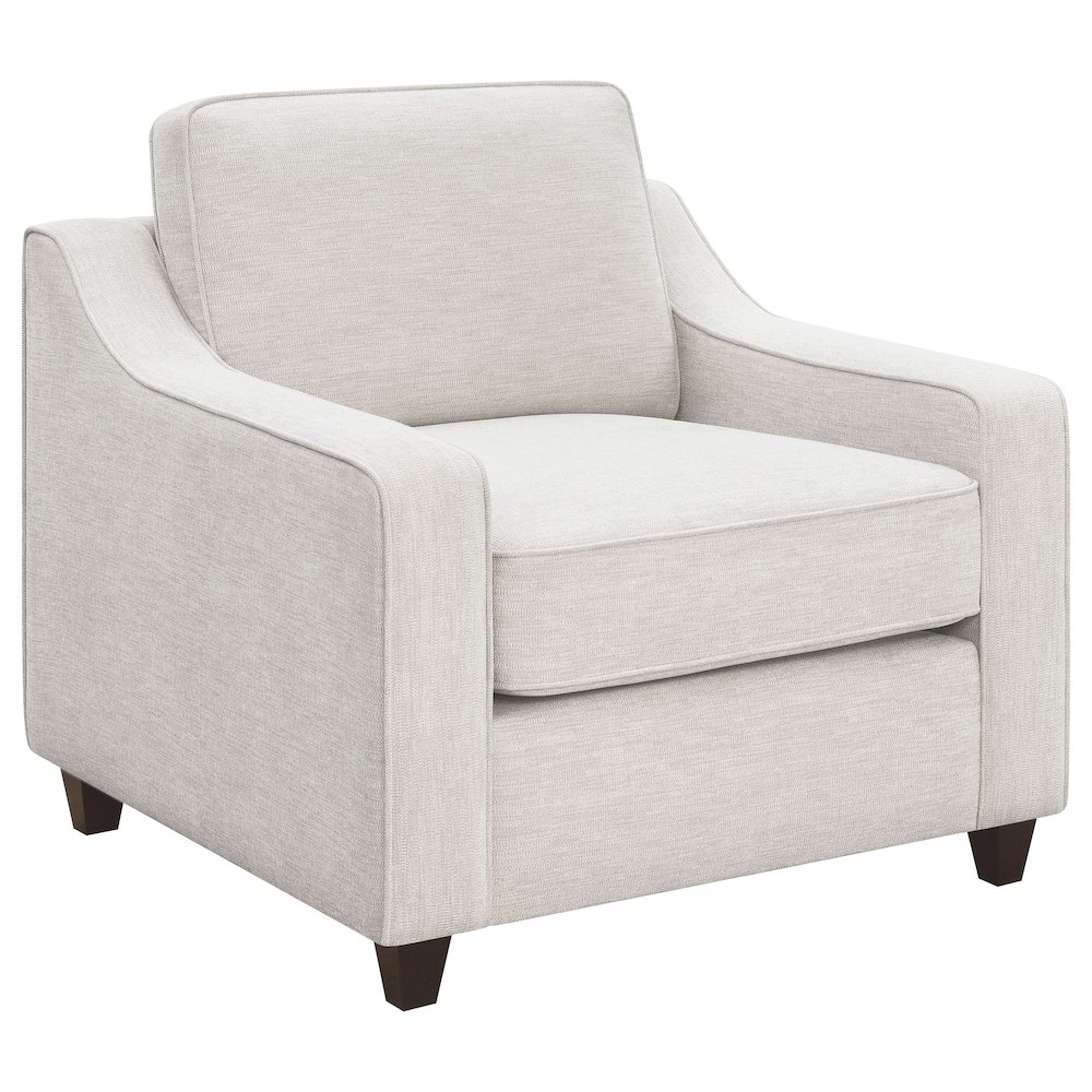 Beige Christine upholstered sloped arm accent chair by Start2Finish, showcasing plush fabric and stylish sloped arm design.