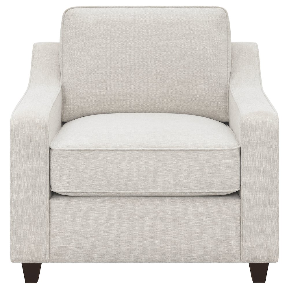 Beige Christine upholstered sloped arm accent chair by Start2Finish, featuring plush fabric and stylish modern design.