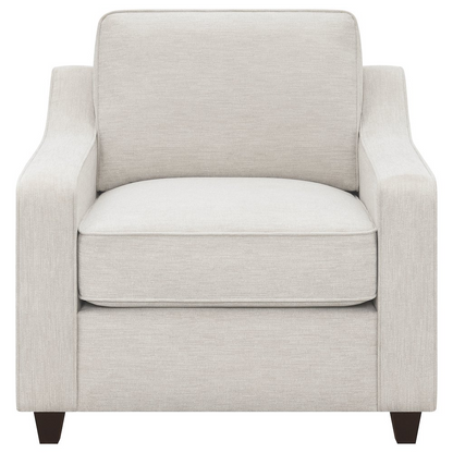 Beige Christine upholstered sloped arm accent chair by Start2Finish, featuring plush fabric and stylish modern design.