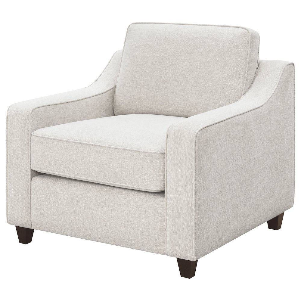 Beige Christine upholstered sloped arm accent chair from Start2Finish featuring plush fabric and modern design.