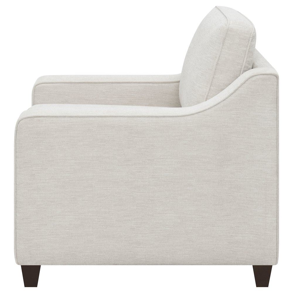 Beige Christine upholstered sloped arm accent chair by Start2Finish, featuring plush fabric and modern design.