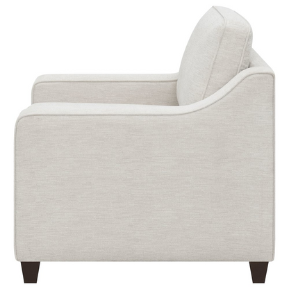 Beige Christine upholstered sloped arm accent chair by Start2Finish, featuring plush fabric and modern design.