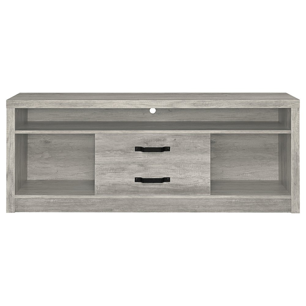 Start2Finish Burke grey driftwood 2-drawer engineered wood TV stand, 59 inches wide, with modern furniture style and storage drawers.