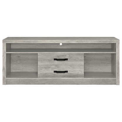 Start2Finish Burke grey driftwood 2-drawer engineered wood TV stand, 59 inches wide, with modern furniture style and storage drawers.