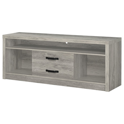 Start2Finish Burke 2-drawer grey driftwood engineered wood TV stand with spacious top and modern design.