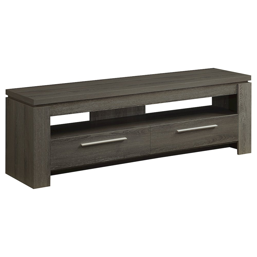 Start2Finish Elkton 2-drawer engineered wood TV stand in weathered grey with a 59-inch width and modern design.