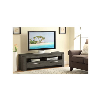 Weathered grey Elkton 2-drawer engineered wood TV stand with sleek design and ample storage, featuring modern furniture style.