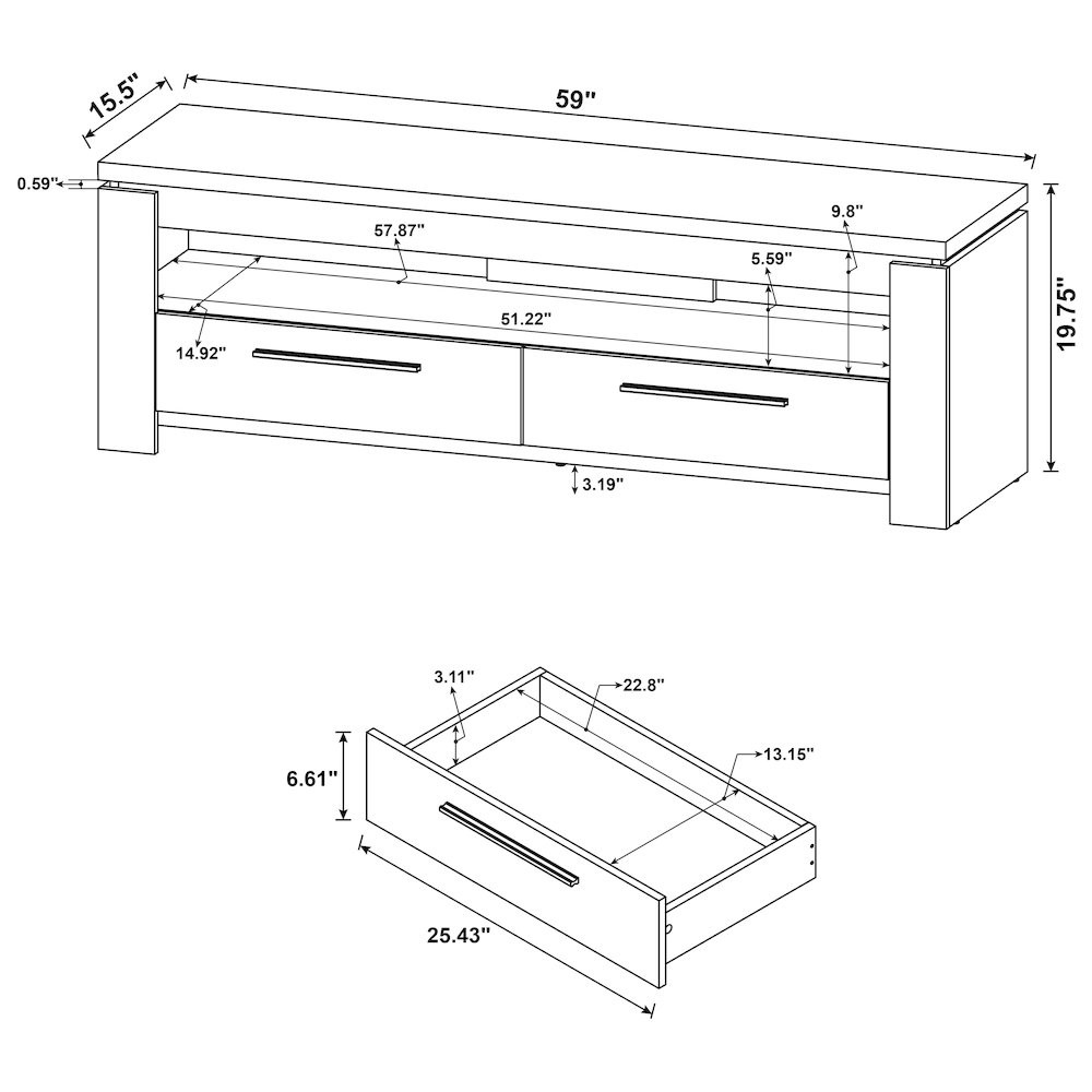 Weathered grey Elkton 2-drawer engineered wood TV stand with sleek design and modern hardware, 59 inches wide.