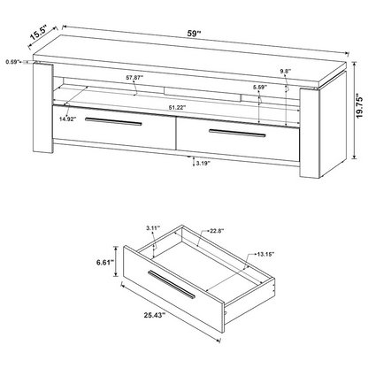 Weathered grey Elkton 2-drawer engineered wood TV stand with sleek design and modern hardware, 59 inches wide.