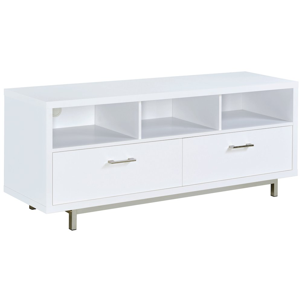 White Casey 2-drawer engineered wood TV stand with a 60-inch length and modern furniture design by Start2Finish.
