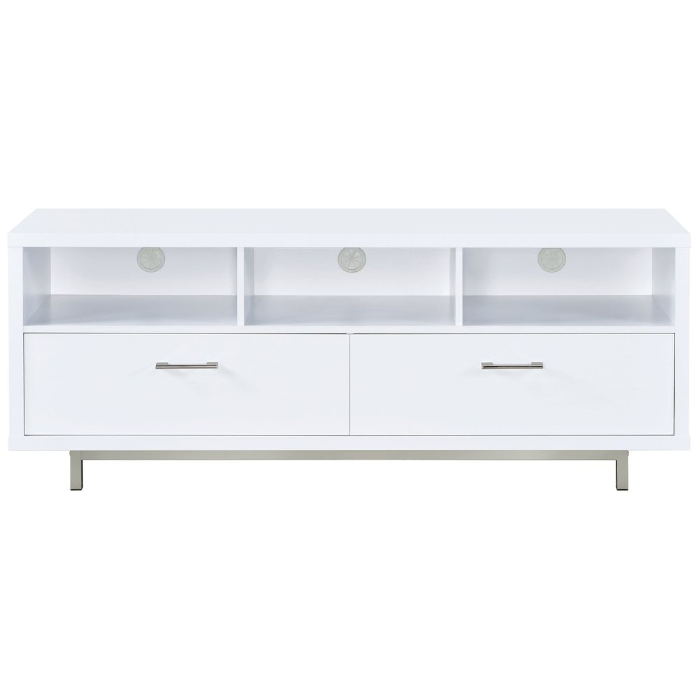 White Casey 2-drawer engineered wood TV stand with modern design and spacious storage, perfect for living room entertainment setups.