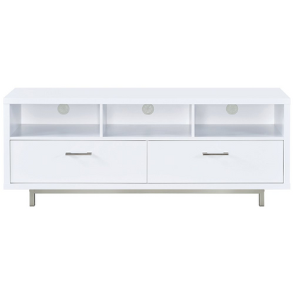 White Casey 2-drawer engineered wood TV stand with modern design and spacious storage, perfect for living room entertainment setups.