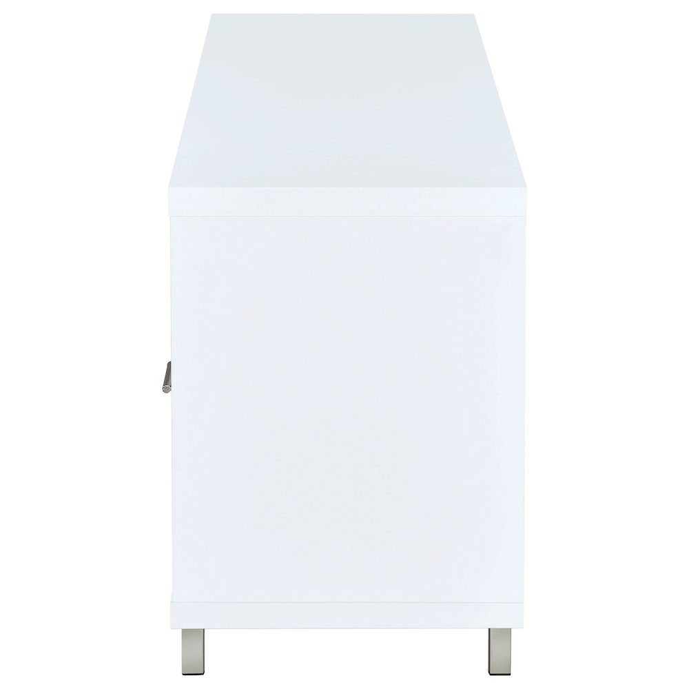 White Casey 2-drawer engineered wood TV stand with a modern design and sturdy construction, suitable for living room entertainment setups.
