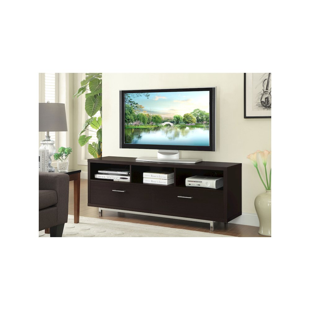 Start2Finish Casey 2-drawer engineered wood TV stand in cappuccino, featuring a 60-inch width with two storage drawers.