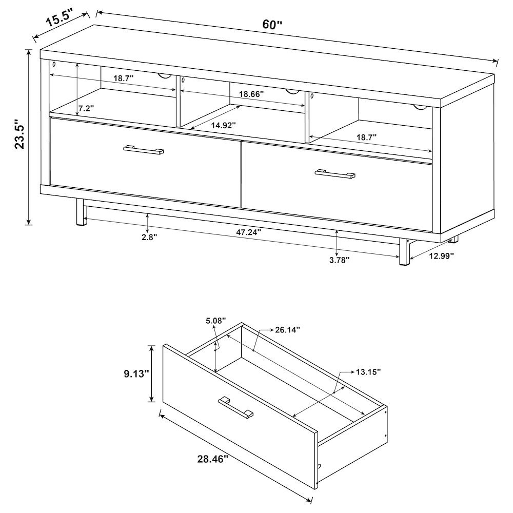 Start2Finish Casey 2-drawer 60-inch engineered wood TV stand in cappuccino with modern design and storage drawers.