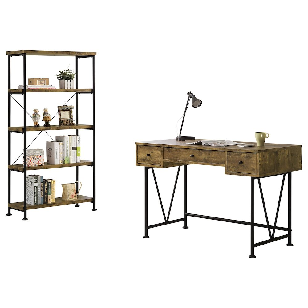 Rustic Nutmeg Analiese 2-piece computer desk and bookcase set by Start2Finish, featuring wood grain finish and compact design.