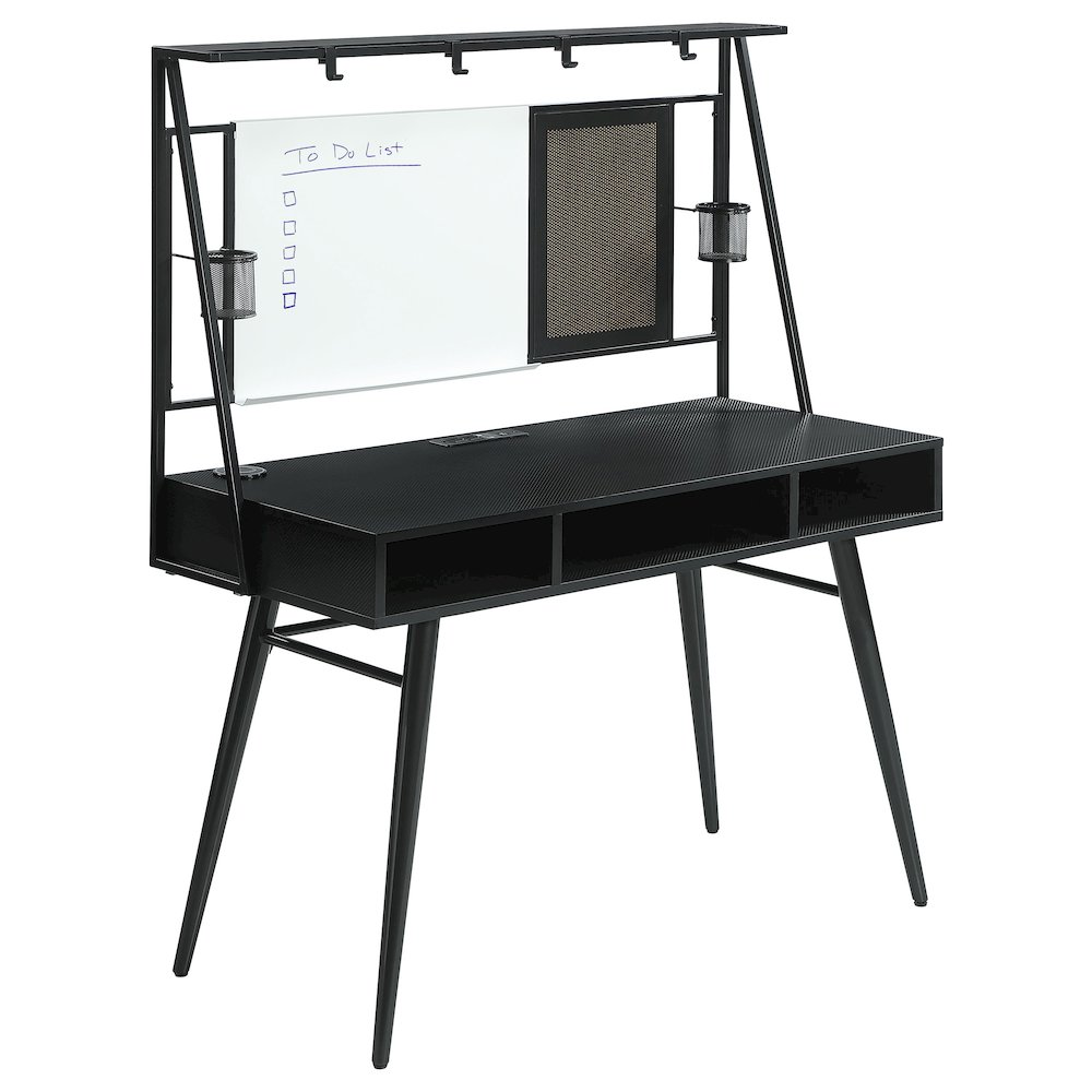 Black Jessie 47-inch writing desk with built-in whiteboard and USB ports by Start2Finish, shown with smooth surface and modern design.