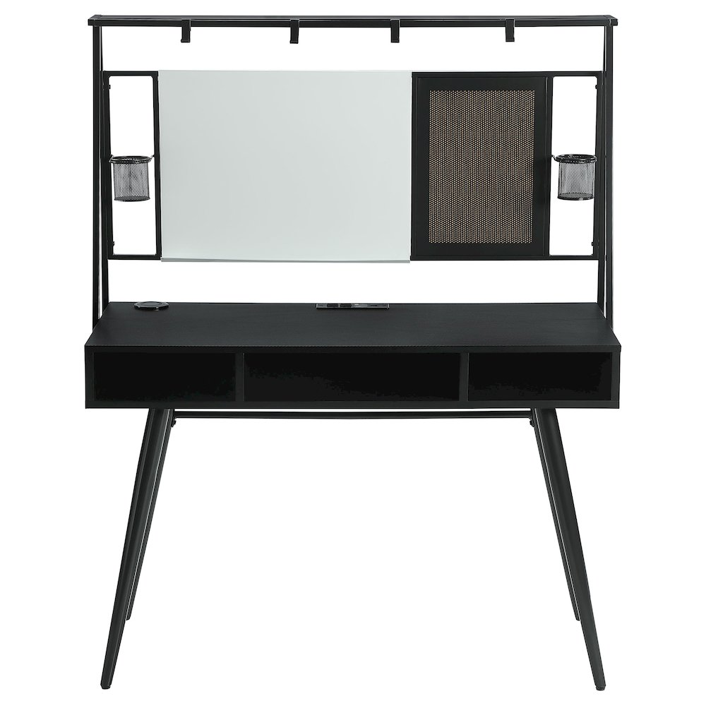 Start2Finish Jessie 47-inch black writing desk with built-in whiteboard and USB ports for convenient workspace organization.