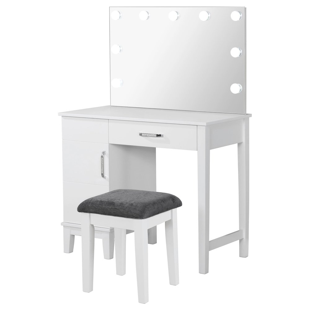 Start2Finish Elijah vanity set with lighting, white finish, dark grey accents, includes mirror, tabletop, and matching stool.